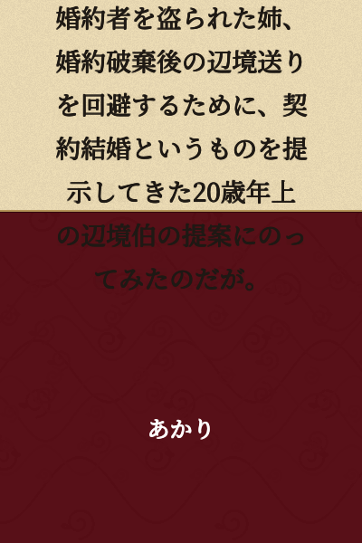 An older sister had her fiancé stolen by her younger sister, who was always unfairly taking away precious things. To avoid being banished to the frontier after breaking her engagement, she accepted a proposal from a marquis of the frontier who was twenty years her senior—a contract marriage. However...